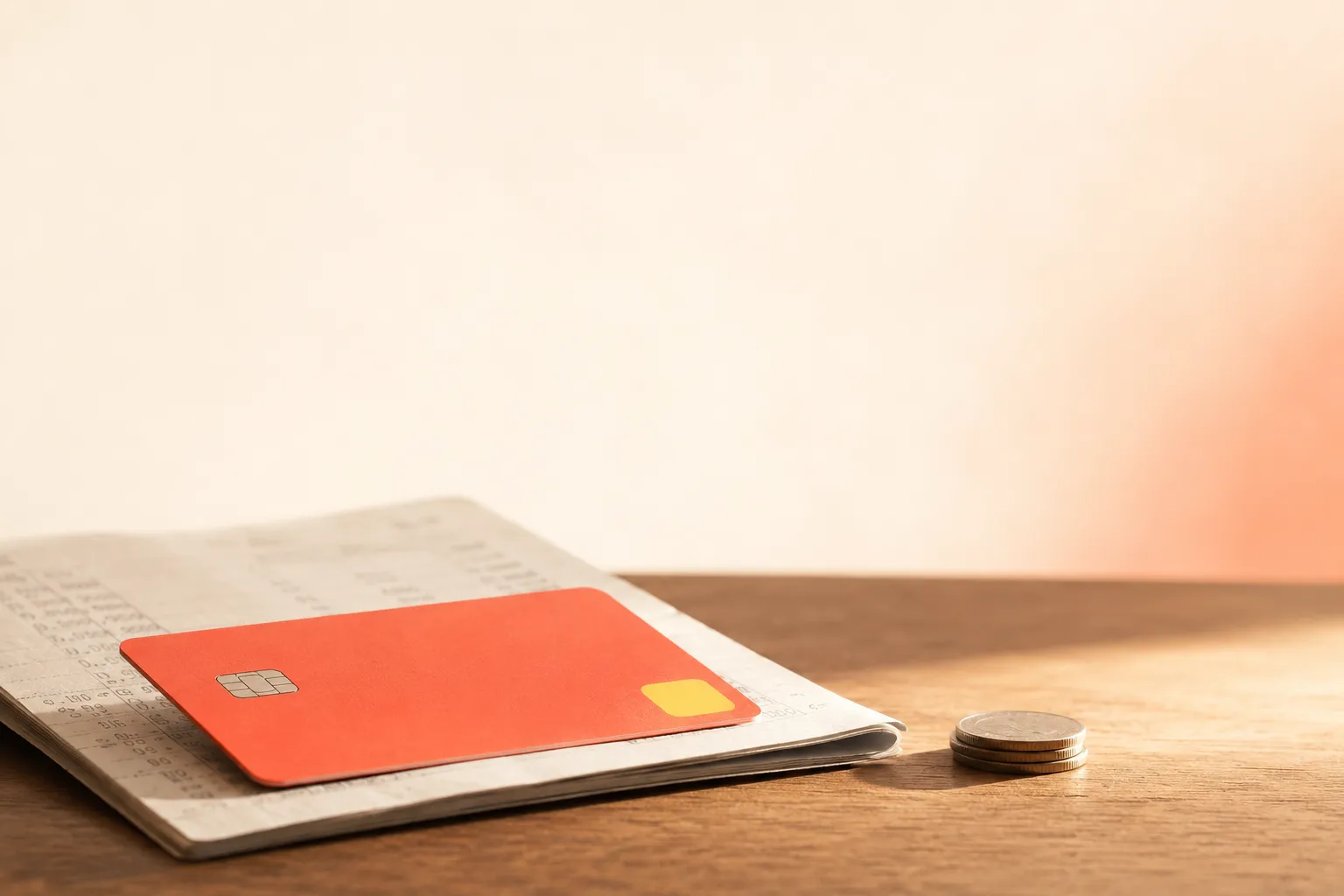 A credit card resting on a paper statement on a wooden table in warm side light, a few coins beside it, evoking a balance that barely moves