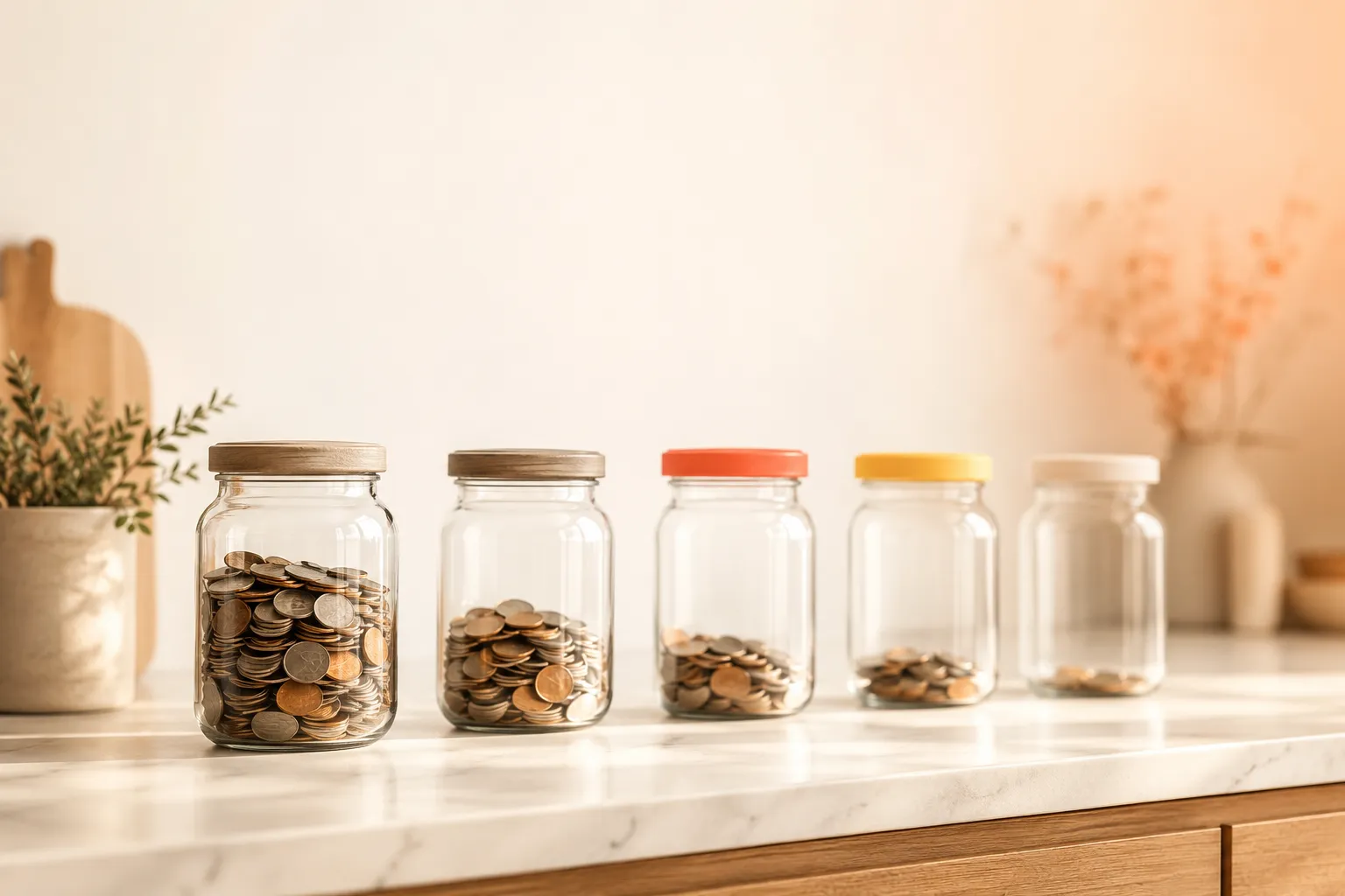 A neat row of glass jars on a kitchen counter in warm morning light, a few coins in each, evoking money divided into purpose before it gets spent