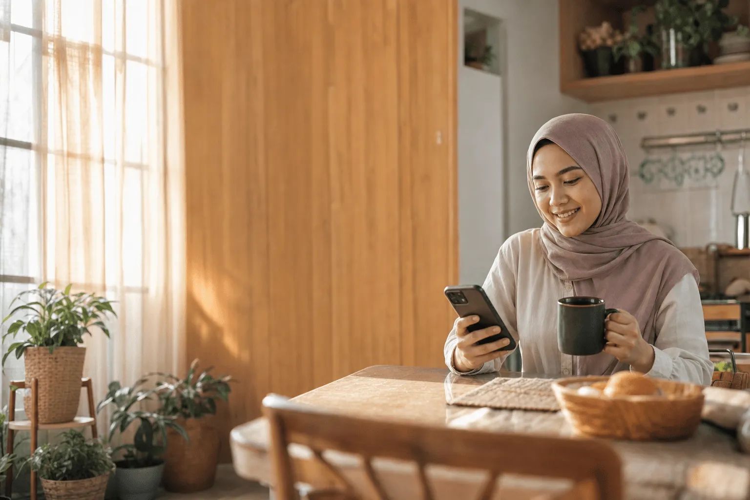 A Malaysian woman checking her money in the MoneyMama app at her kitchen table